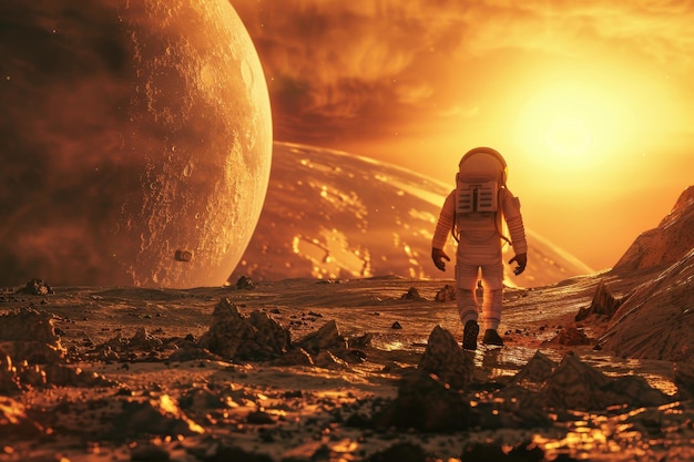 astronaut walks on a deserted planet
