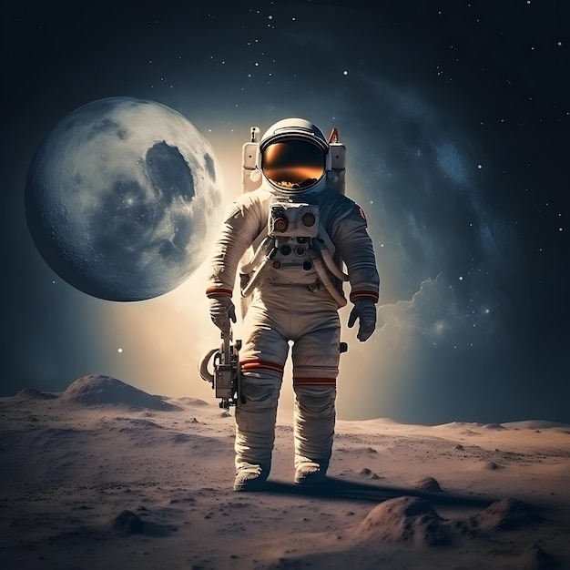 An astronaut walks in his space suit on a distant planet Outer space