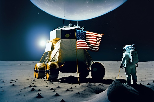「アメリカ国旗」と書かれた乗り物の隣で月面を歩く宇宙飛行士