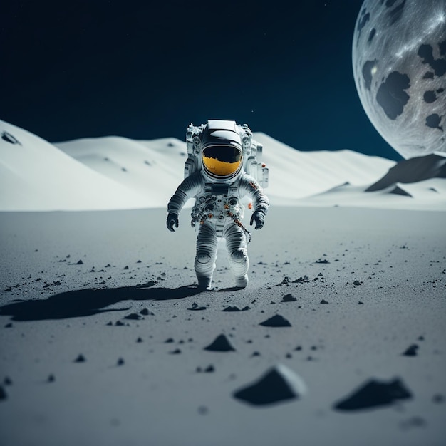 An astronaut walks on the moon with mountains in the background.