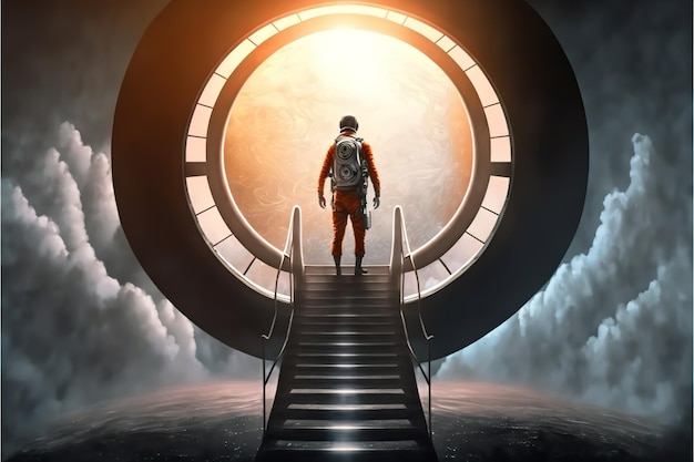 Astronaut walks towards the light on a futuristic staircase