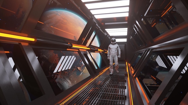 宇宙飛行士が宇宙船のトンネルを歩いている サイフィー 未来的な宇宙廊下 火星軌道 オレンジ色のネオン光