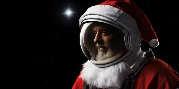 우주비행사는 산타 모자를 쓰고 초현실적인 광자 공간을 클로즈업합니다. 생성 AI