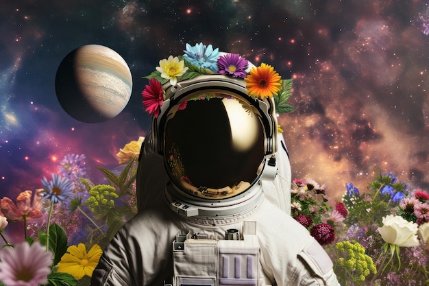 астронавт в космическом шлеме, украшенном различными цветами на фоне самолета