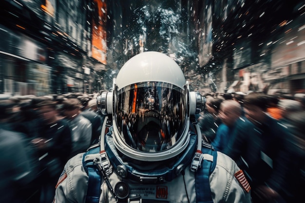 Photo astronaut wearing space suit at crowded street in rush hour lonely space man among people in city with motion blur effect