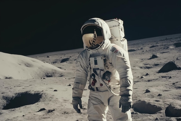 Astronaut wearing a space suit and walking on the moon's surface An astronomer on the moon's surface with a dark background Space travel and cosmology concept with an Astronaut Generative AI