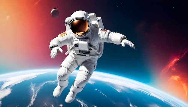 색 우주복을 입은 우주비행사가 인간 우주 비행 날을 축하합니다.
