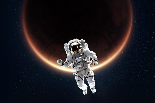 Astronaut in white spacesuit hanging in space against the background of mars colonization of mars settlement of the red planet expedition to mars Copy space 3D illustration 3D rendering