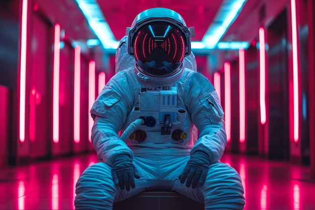 白いスペーススーツとヘルメットを着た宇宙飛行士が赤いネオンライトで床に座っています