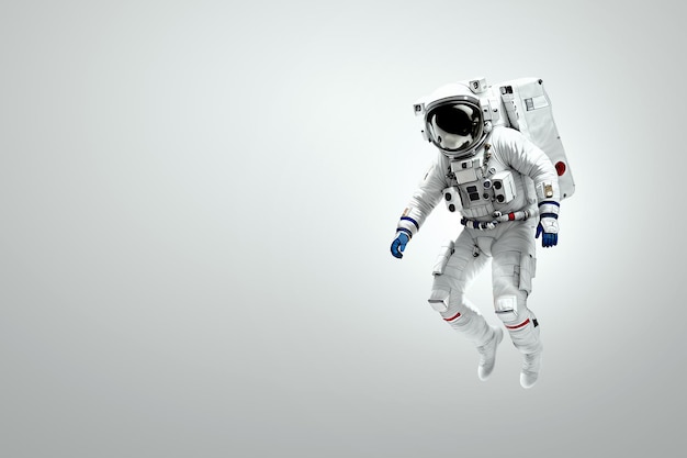 Астронавт в белом скафандре изолирован на белом фоне. Концепция изучения космоса и других планет, колонизирующих солнечную систему.