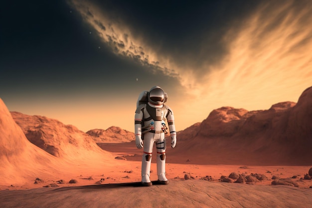 화성 표면에 서 있는 흰색 우주복을 입은 우주 비행사