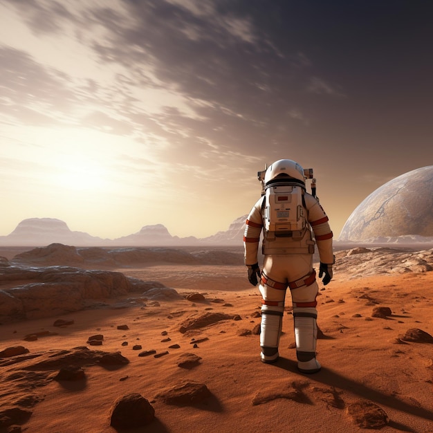 An astronaut in a white spacesuit stands on the surface of Mars looking at a blue planet in the distance