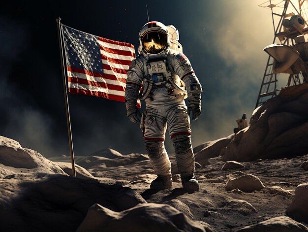 Astronaut with american flag on the background of the planet