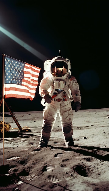 Astronaut with American flag landed on the moon surface vertical orientation
