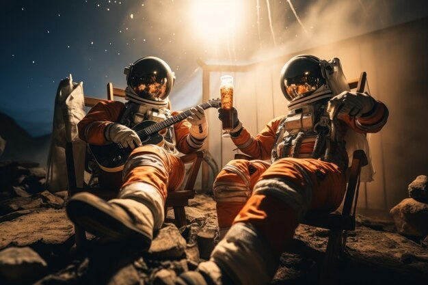 別の惑星でビールを飲む宇宙飛行士 無限のリラクゼーションのコンセプト 生成 AI