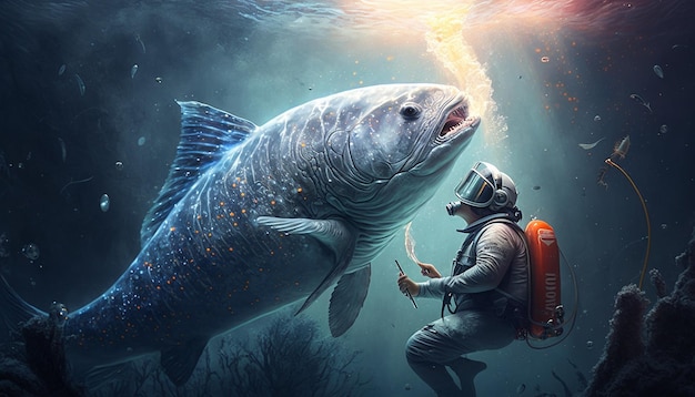 An astronaut with a big fish in the sea ai generator image