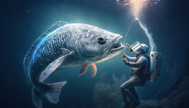 An astronaut with a big fish in the sea ai generator image