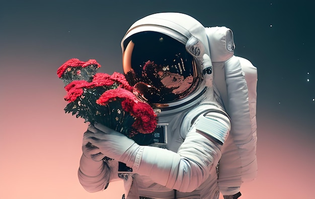 Astronaut with a bouquet of flowers ai generative art