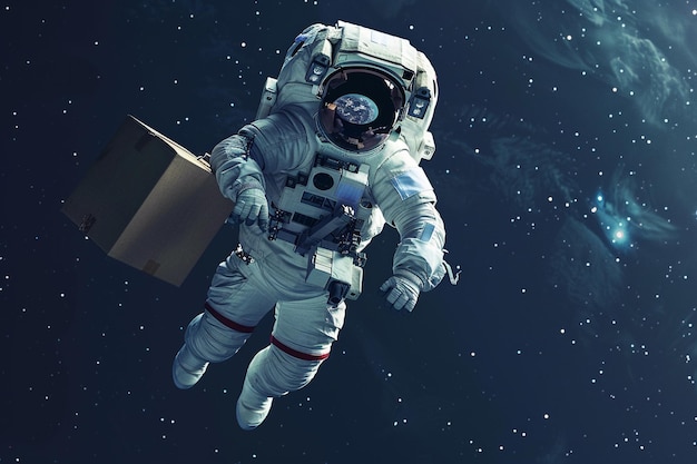 astronaut with cardboard box delivery in space