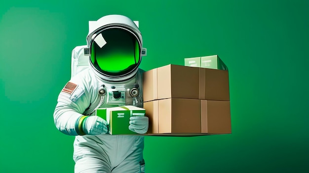 astronaut with cardboard boxes floating realistic delivering goods