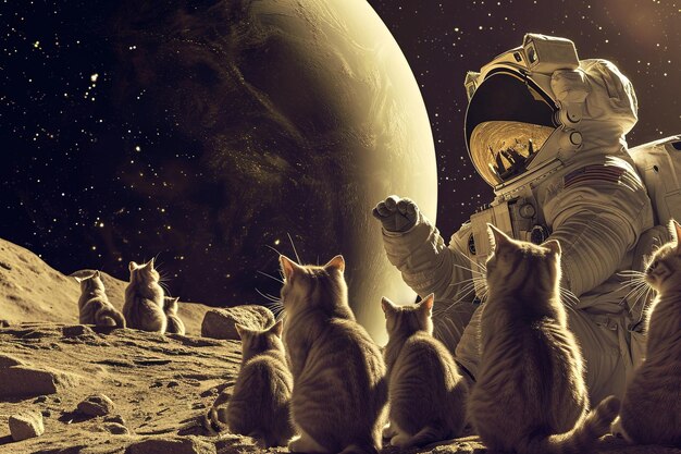 astronaut with cats on the moon