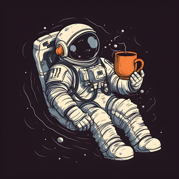 Photo astronaut with a cup of coffee hand drawn vector illustration