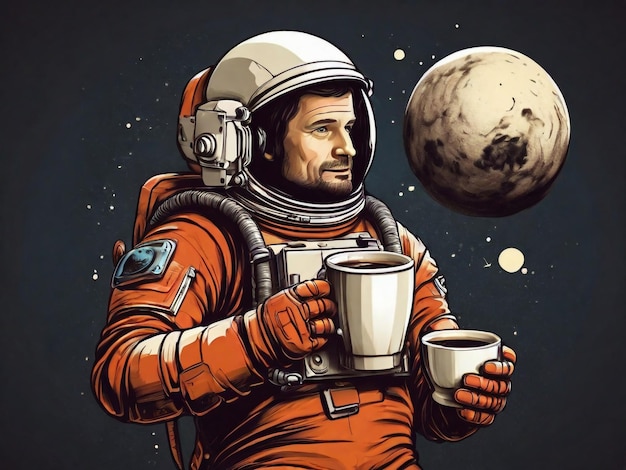 手にコーヒーカップを持った宇宙飛行士ベクトルイラスト