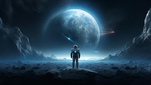 astronaut with a dark black spacesuit staring at a giant Planet sci fi style movie cover background