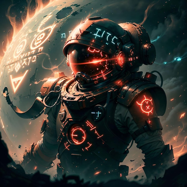 astronaut with glowing runes