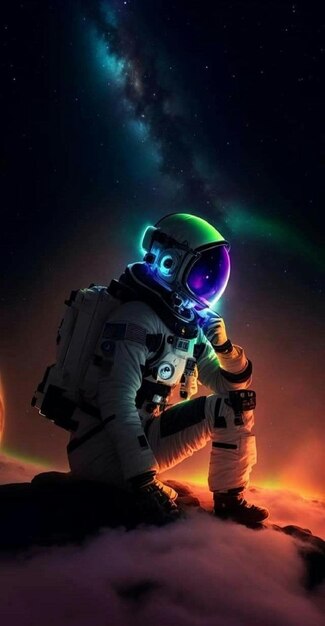 Foto astronauta con un casco verde e una luce verde e blu sullo sfondo