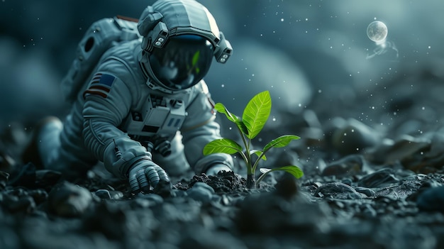 Astronaut with green plant on another planet