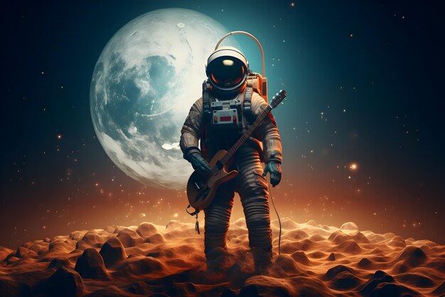 Astronaut with a guitar on the surface of the moon Big beautiful planet in the background Space