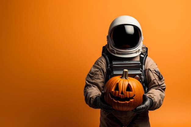 Astronaut with a Halloween pumpkin on a solid background with empty space for text