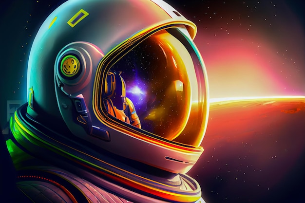 An astronaut with a helmet on it and a planet in the background.