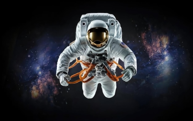 Foto astronauta con un jetpack isolato sul nero