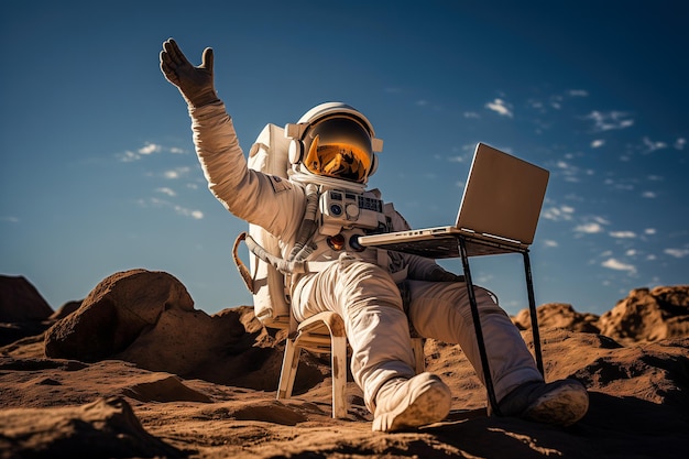 An astronaut with a laptop sits and works