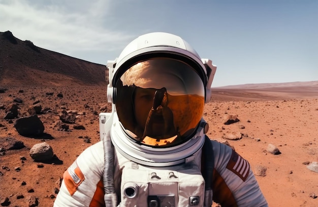 Foto astronauta con un grande casco riflettente e una montagna sullo sfondo