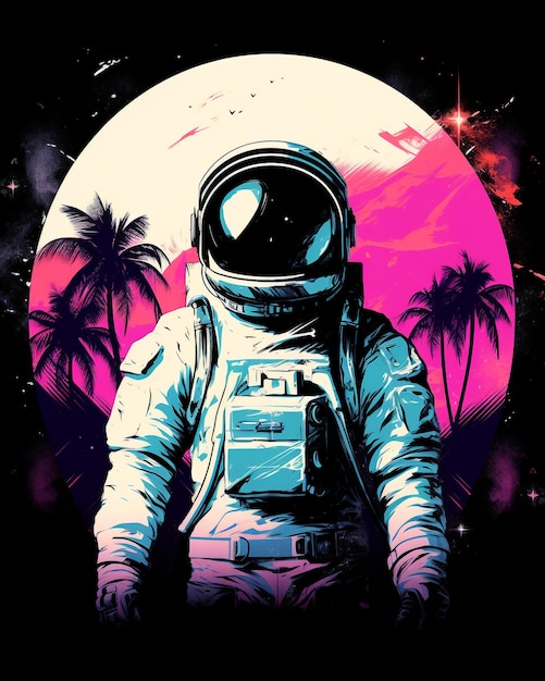 Astronaut with palm trees in pink colors