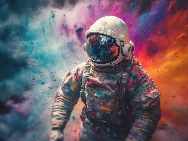 An astronaut with a rainbow background