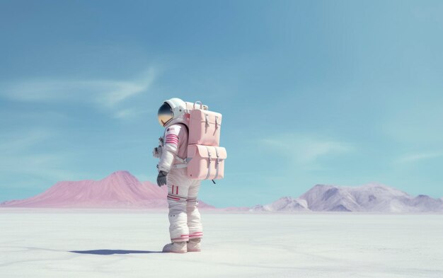 Astronaut with school backpack waiting for a ride Back to school conceptual background