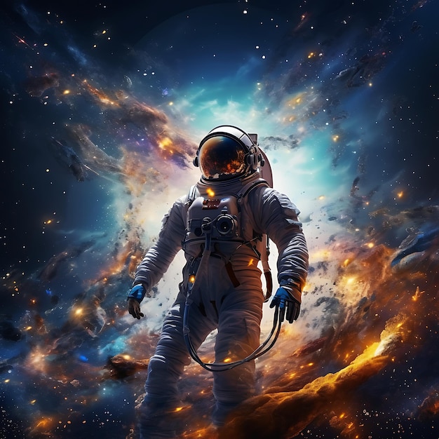 背景に星、惑星、星雲、宇宙ヘルメットをかぶった宇宙飛行士