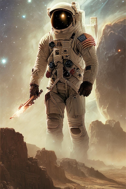 Astronaut with a sword in the sky