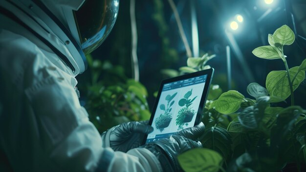 Photo astronaut with a tablet examining plants in a controlled environment