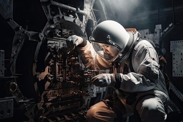 사진 손에 도구를 들고 우주선 엔진을 수리하는 우주 비행사