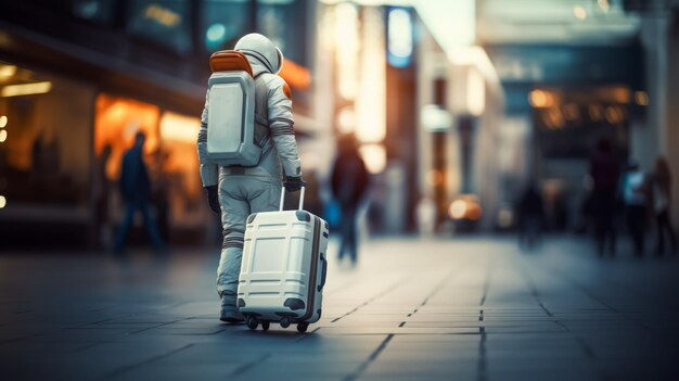 Astronaut with white suitcase walking in city shopping area at dusk Urban exploration concept Generative AI