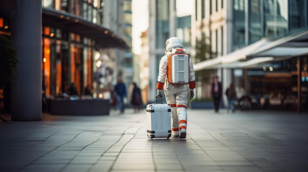白いスーツケースを持った宇宙飛行士が街のショッピングエリアを歩いています 都市探検コンセプト ジェネレーティブAI