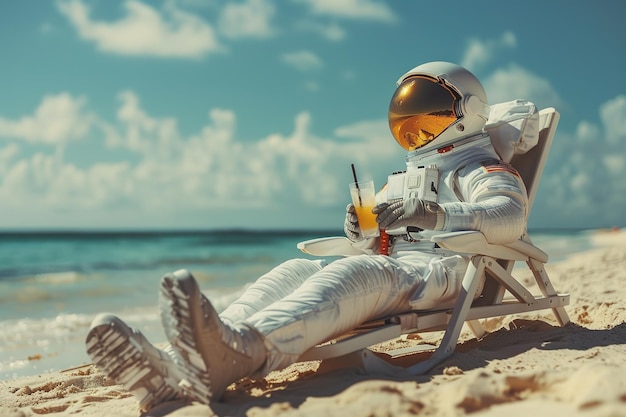 Astronaut witte ruimtetuig ontspannende zonnebank strand glas oranje heerlijke cocktail zwart stro