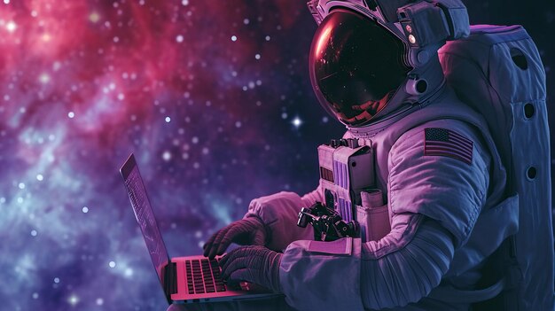 Photo an astronaut working in a laptop with space galaxy on background