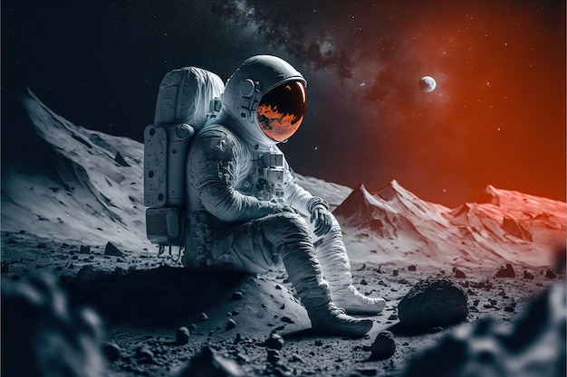 Astronaut zit en onderzoekt op de maan gemaakt met behulp van generatieve ai-technologie