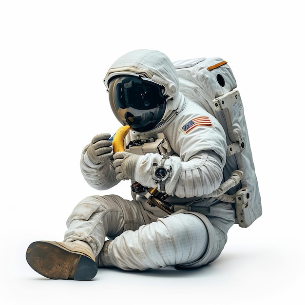 Astronaut zit op de grond en eet een banaan